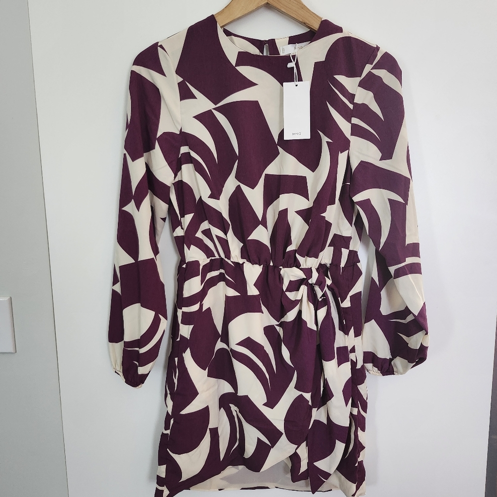 MANGO Purple Cream Abstract Print Lightweight Long Sleeve Mini Dress Medium NWT - Picture 4 of 15